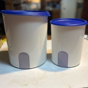 Tupperware One Touch  TWO Reminder canisters in white with blue seals